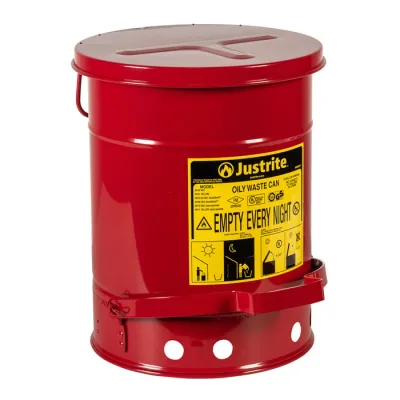 6 Gallon, Steel Oily Waste Can, Hands-Free, Self-Closing Cover, Red