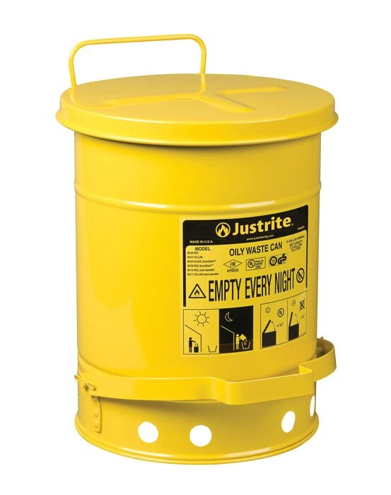 6 Gallon, Steel Oily Waste Can, Hands-Free Self-Closing Cover, Yellow - 09101