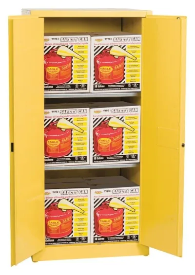 60 Gallon, 2 Door, Manual Close, Flammable Liquid Cabinet Combo with 12 UI50FS Safety Cans, Yellow - 1962XSC12