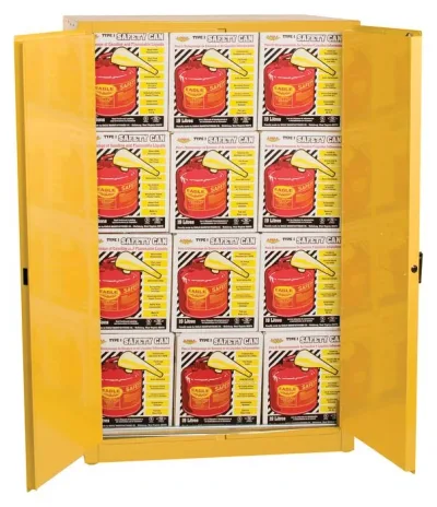 60 Gallon, 2 Door, Self Close, Flammable Liquid Cabinet Combo with 12 UI50FS Safety Cans, Yellow - 6010XSC12