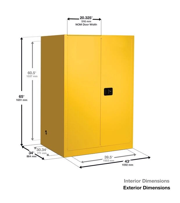 60 Gallon, 2 drum Vertical, 1 Shelf, 2 Doors, Manual Close, Safety Cabinet with drum Rollers, Sure-Grip® EX, Yellow - 899060