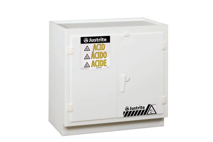 Holds 36, 2.5-LITER Bottles, 1 Shelf, 2 Doors, Manual Close, Corrosives/Acids Plastic Safety Cabinet, Blue - 24180