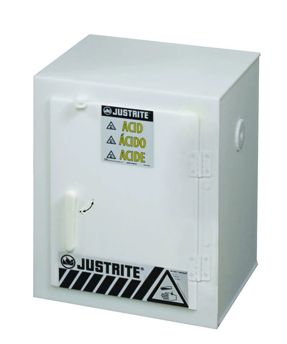Holds Six 2.5-LITER Bottles, 1 Door, Manual Close, Corrosives/Acids Plastic Safety Cabinet, Countertop, White - 24004
