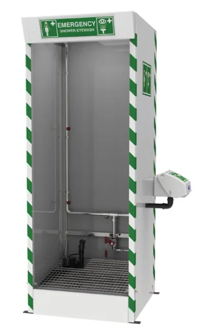 Multi-Nozzle Body Wash with Eye and Face Wash, Hughes Emergency Cubicle Shower, Sump Pump, 120V - SD31K45G-PUMP