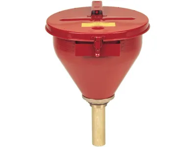 Steel drum Funnel for Flammables, 6" Flame Arrester, Self-Closing Cover, 2" Bung, Red