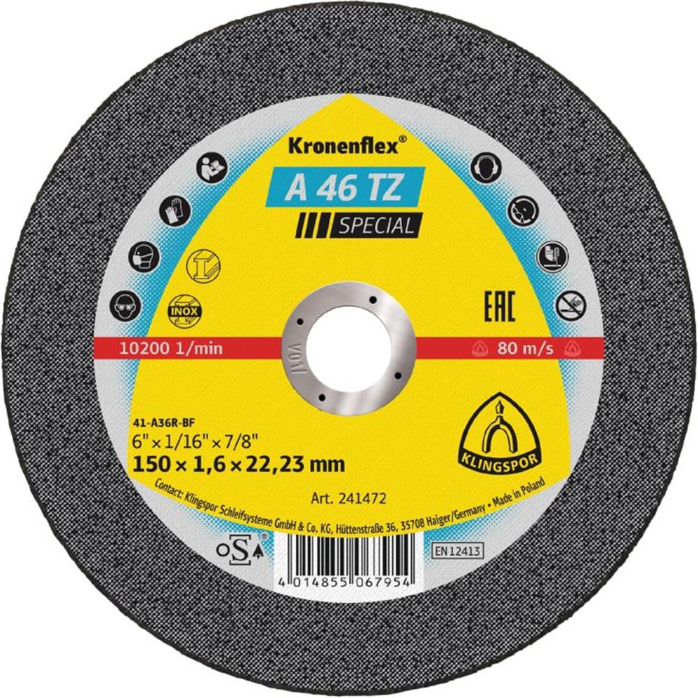 Klingspor A46TZ Spezial Cutting Disc 125-1.6 plain steel/rf plan - 22.23mm, Stainless steel, steel