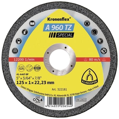 Klingspor A960TZ Cutting Disc 125-1.0 flat steel/rf plan - 22.23mm, Stainless steel, steel