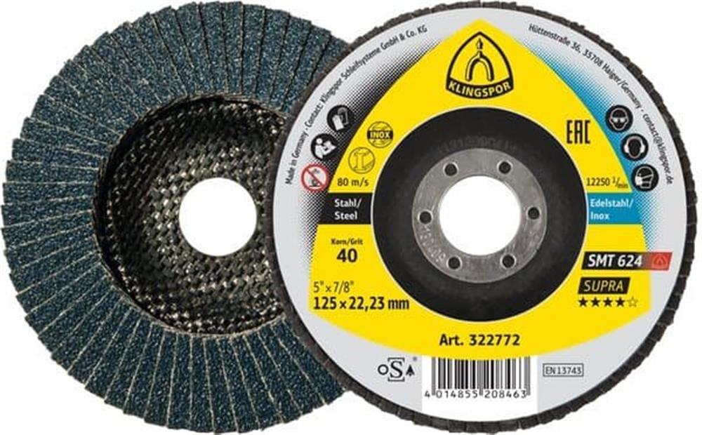 Klingspor SMT624 Flap disc Conical - 22.23mm, 125mm, 60, steel, Stainless steel, Zirkonkorund