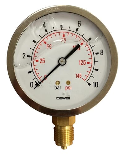 Manometer glycerin-filled downward stem - 1/2", 100mm dial, 0-10 bar