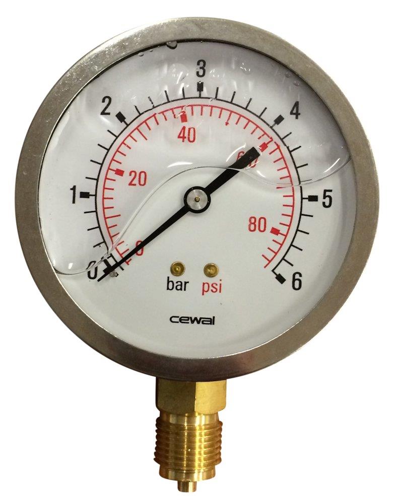 Manometer glycerin-filled, downward stud - 1/2", 100mm, 0-6 bar