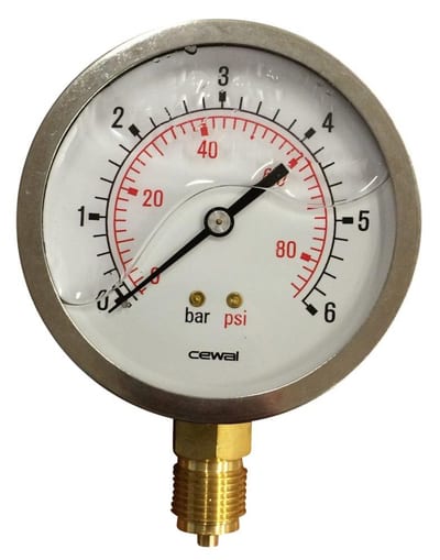 Manometer glycerin-filled, downward stud - 1/2", 100mm, 0-6 bar