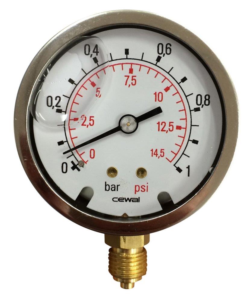 Manometer Glycerin-filled Stud Downward - 1/4", 63mm, 0-1 bar