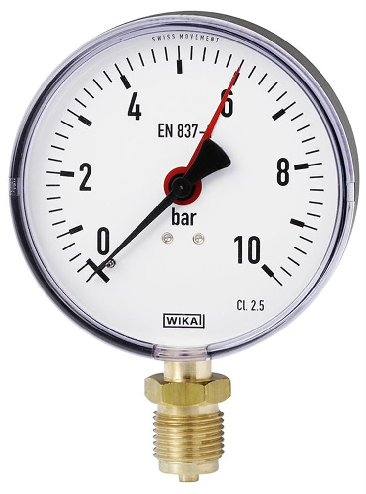 Manometer with pipe thread, air-filled, downward stud - 1/2", 100mm, 0bar, 16bar