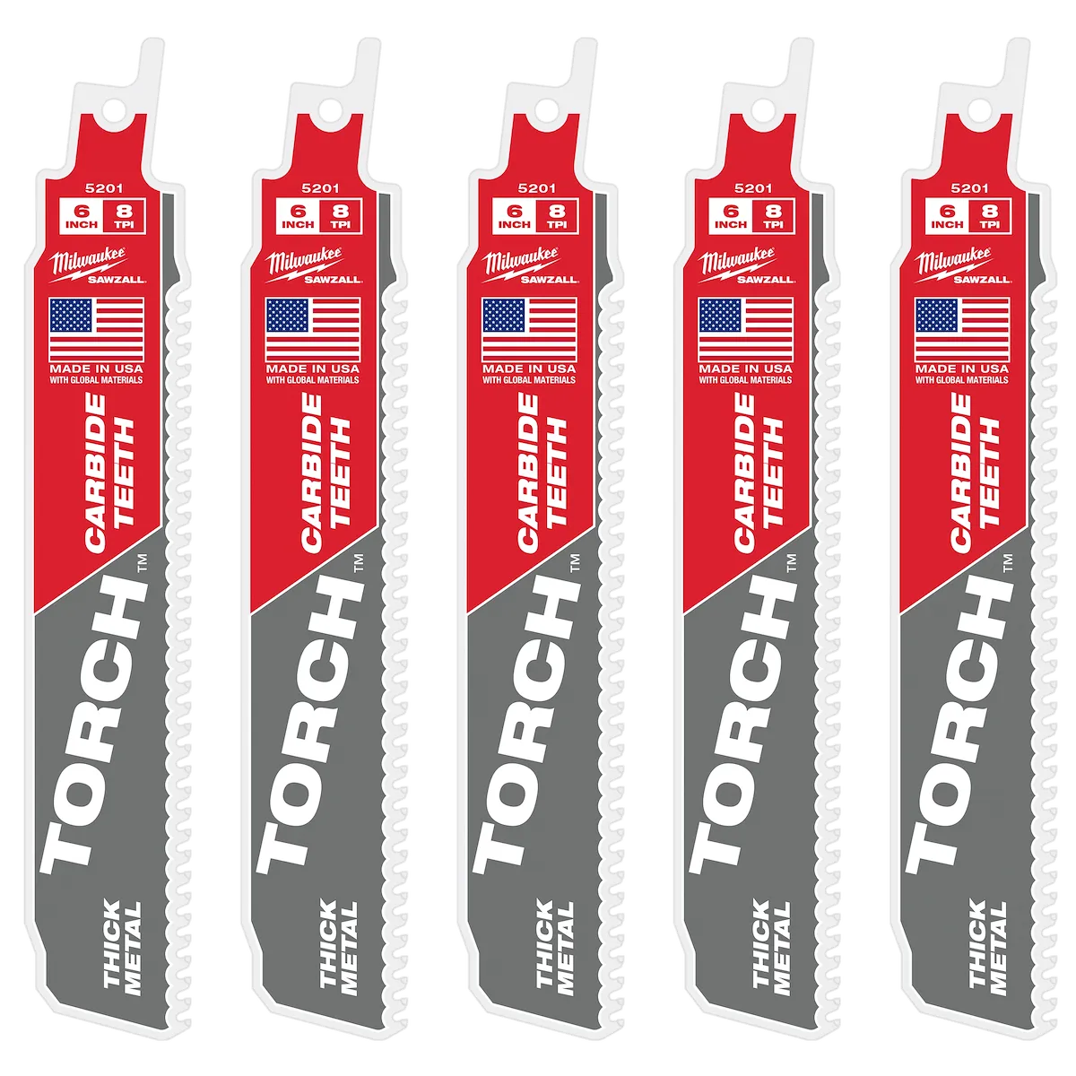 (5PK) 8TPI 6" TORCH™ w/ Carbide Teeth SAWZALL® Blade