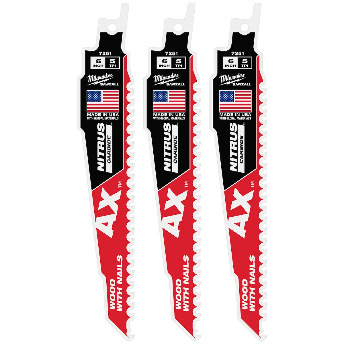 6" 5 TPI AX™ w/NITRUS™ Carbide Teeth SAWZALL® Blade for Wood with Nails 3PK