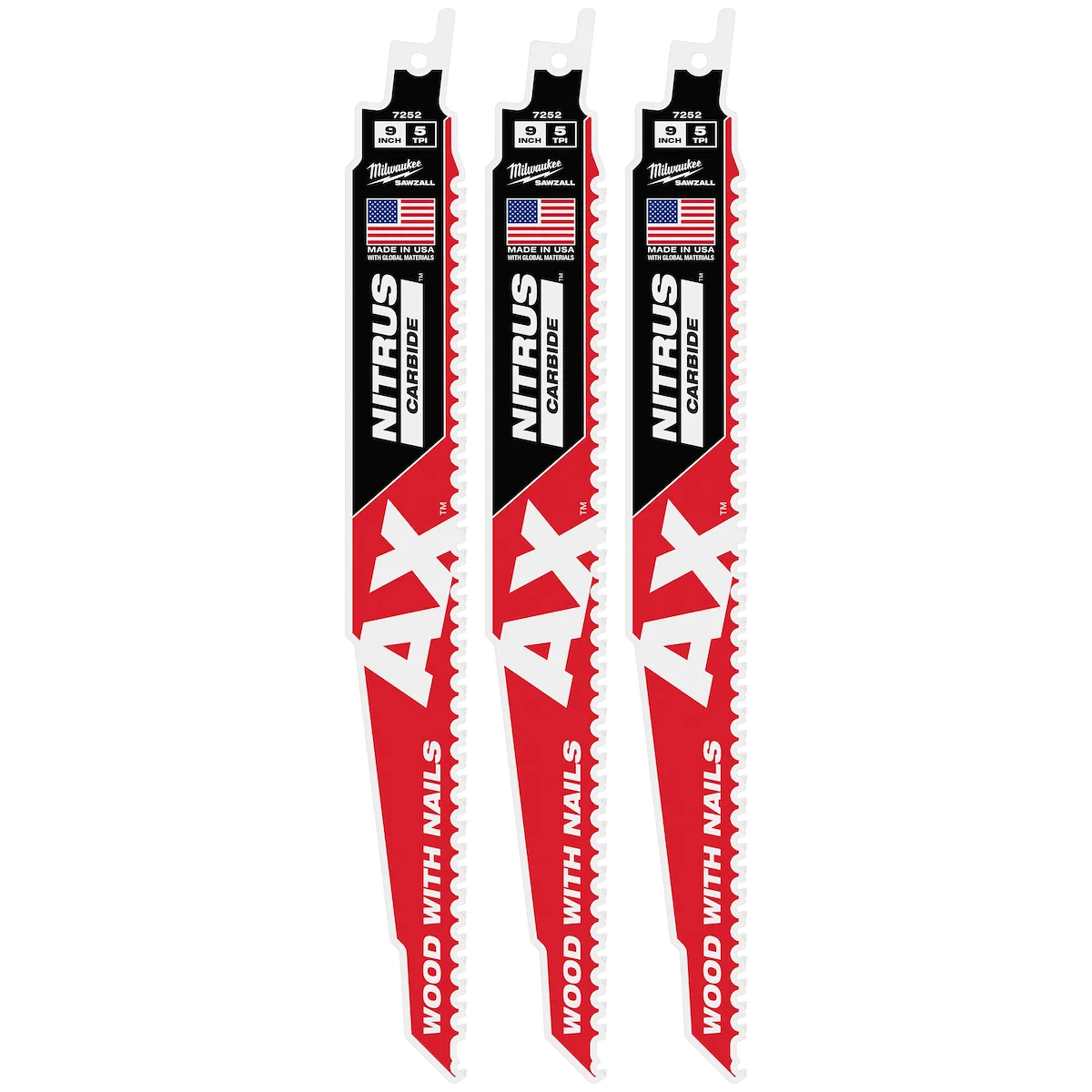 9" 5 TPI AX™ w/NITRUS™ Carbide Teeth SAWZALL® Blade for Wood with Nails 3PK