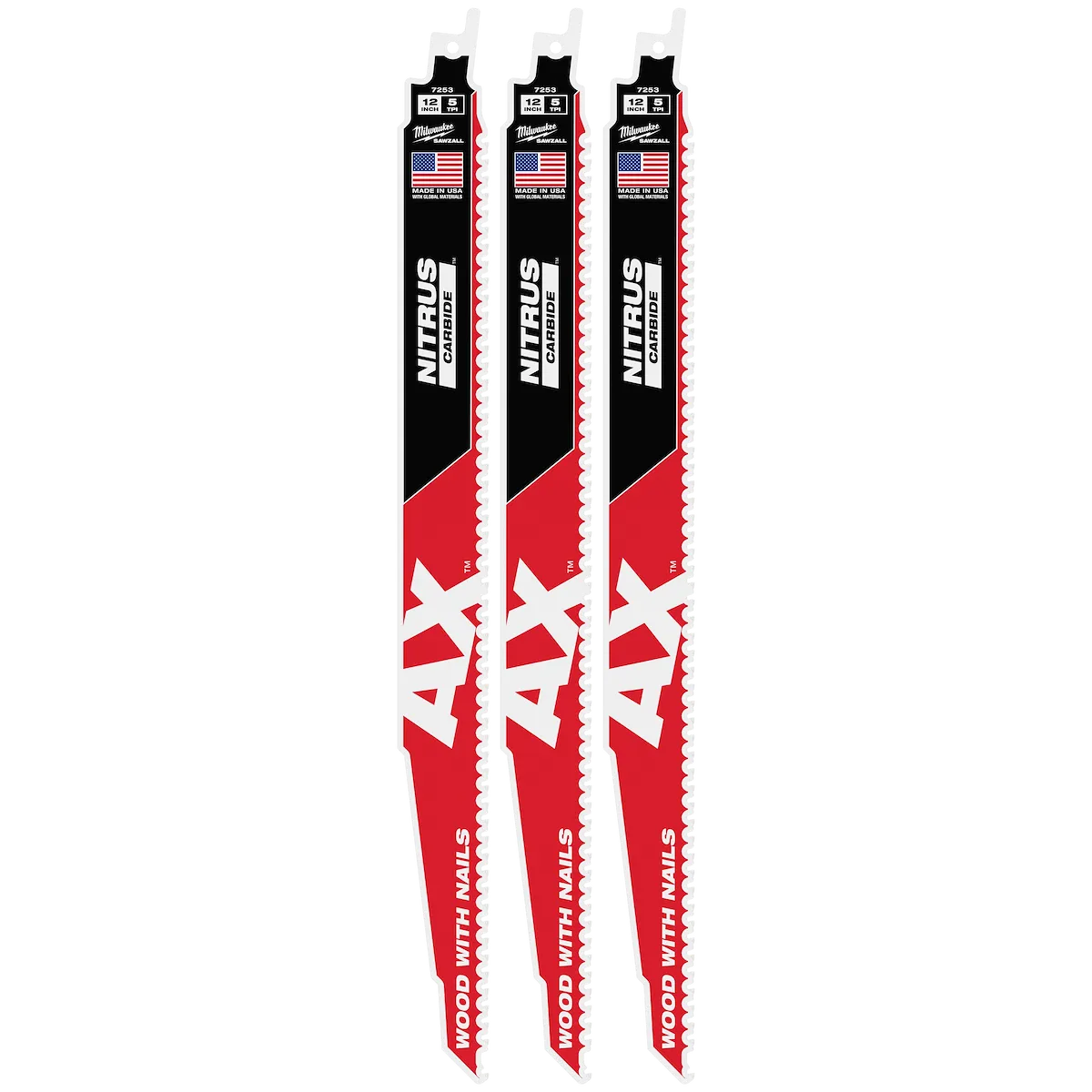 12" 5 TPI AX™ w/NITRUS™ Carbide Teeth SAWZALL® Blade for Wood with Nails 3PK