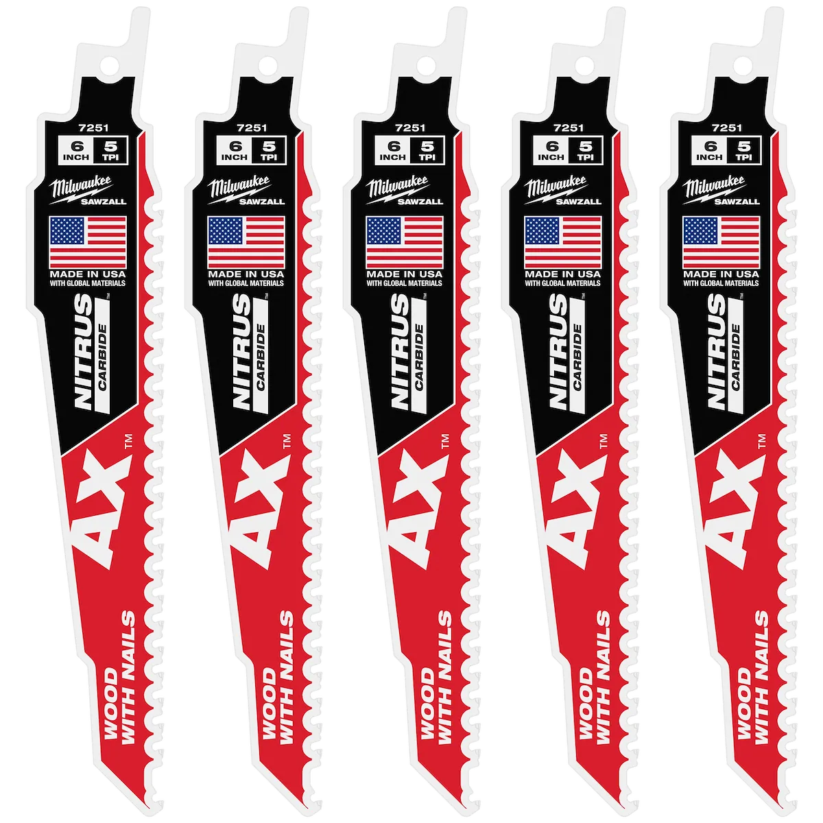 6" 5 TPI AX™ w/NITRUS™ Carbide Teeth SAWZALL® Blade for Wood with Nails 5PK