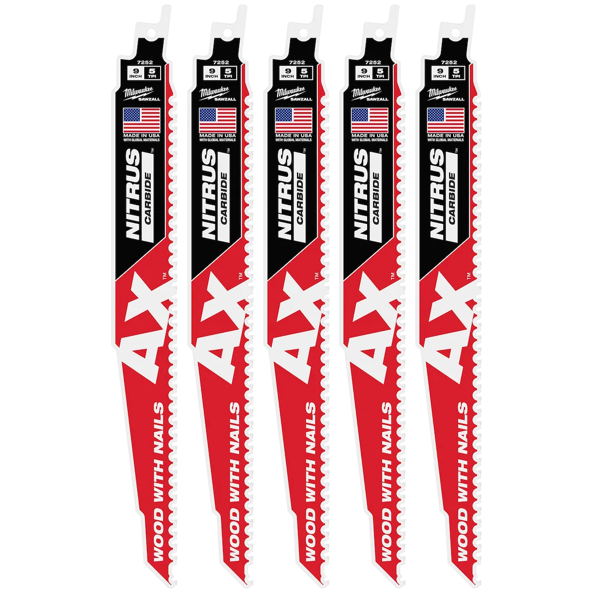 9" 5 TPI AX™ w/NITRUS™ Carbide Teeth SAWZALL® Blade for Wood with Nails 5PK