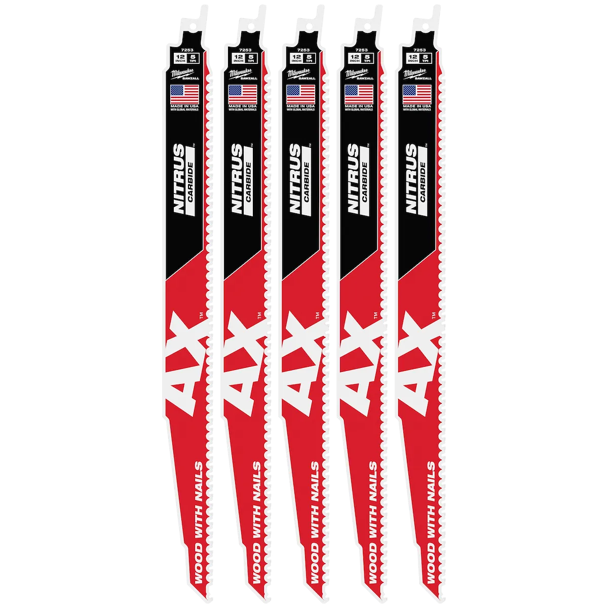 12" 5 TPI AX™ w/NITRUS™ Carbide Teeth SAWZALL® Blade for Wood with Nails 5PK