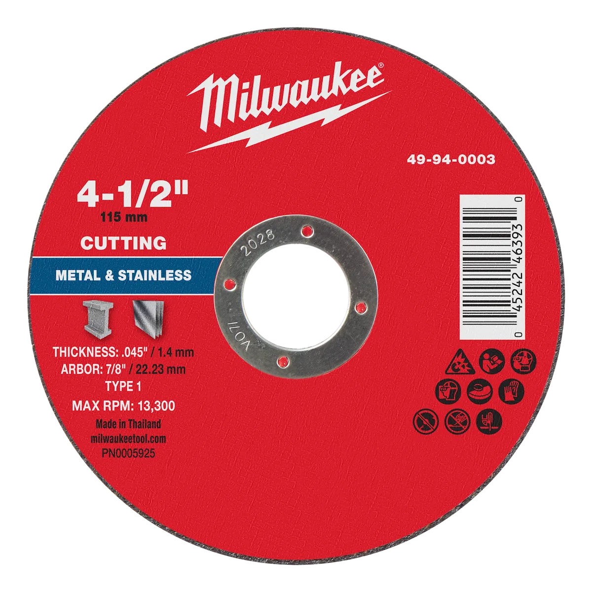 Milwaukee Tool 4-1/2" x .045" x 7/8" Metal Cut Off Wheel -Type 1 49-94-0003