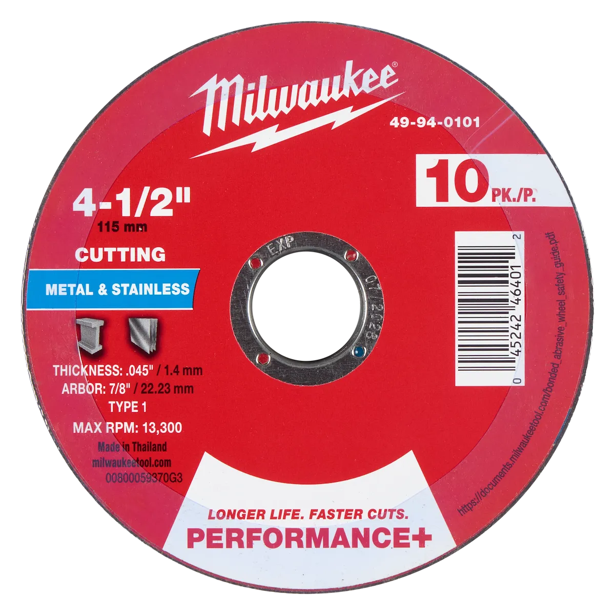4-1/2" x .045" x 7/8" Performance+ Metal Cut Off Wheel - Type 1 - 10PC