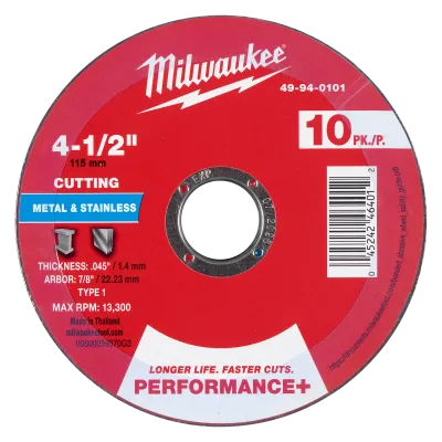 4-1/2" x .045" x 7/8" Performance+ Metal Cut Off Wheel - Type 1 - 10PC
