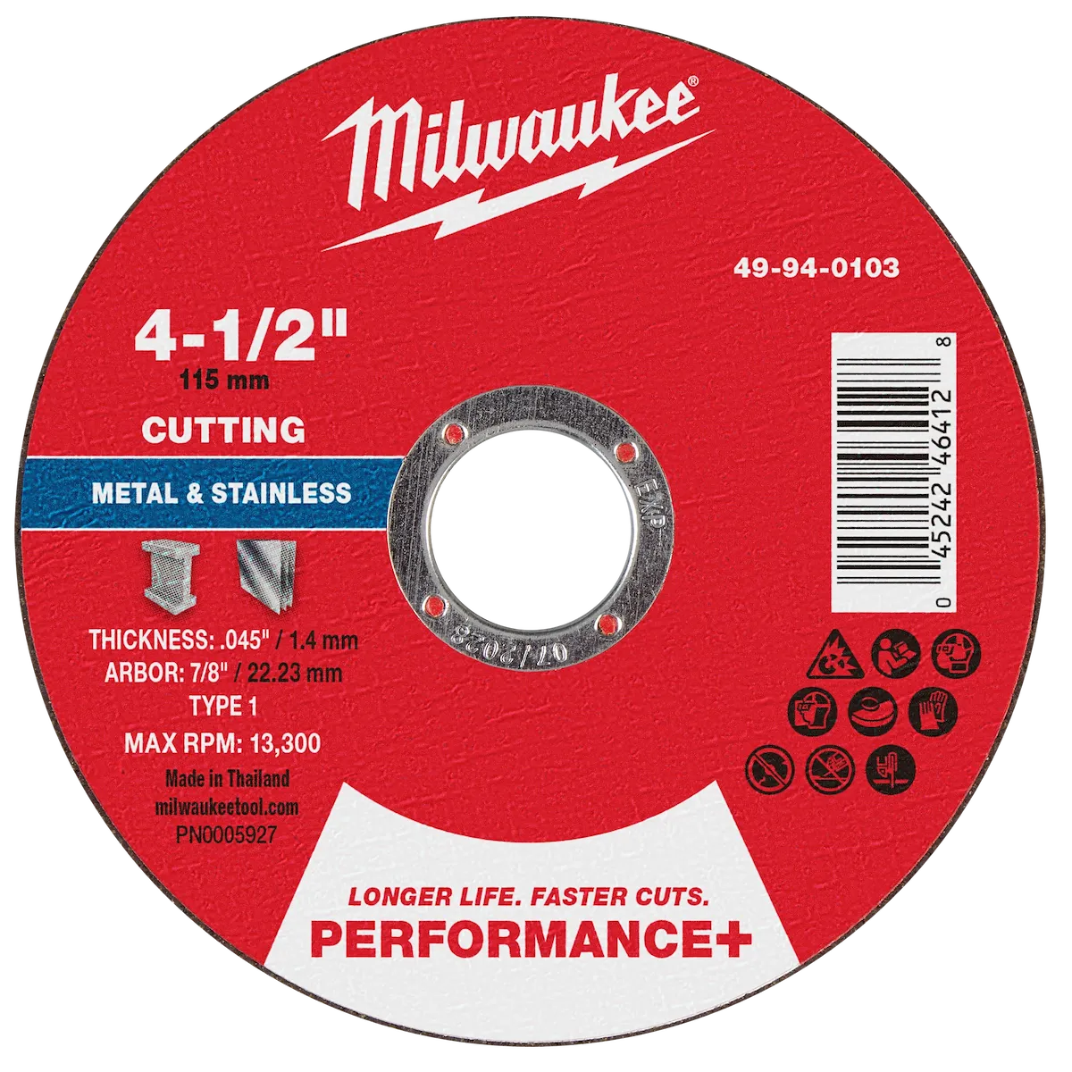 Milwaukee Tool 4-1/2" x .045" x 7/8" Performance+ Metal Cut Off Wheel - Type 1 49-94-0103