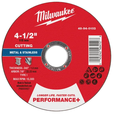Milwaukee Tool 4-1/2" x .045" x 7/8" Performance+ Metal Cut Off Wheel - Type 1 49-94-0103