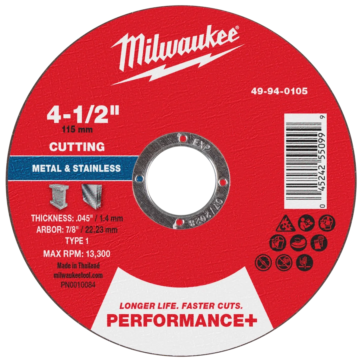 Milwaukee Tool 4-1/2" x .045" x 7/8" Performance+ Metal Cut Off Wheel - Type 1 49-94-0105