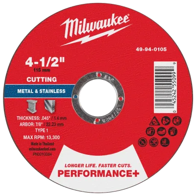 Milwaukee Tool 4-1/2" x .045" x 7/8" Performance+ Metal Cut Off Wheel - Type 1 49-94-0105