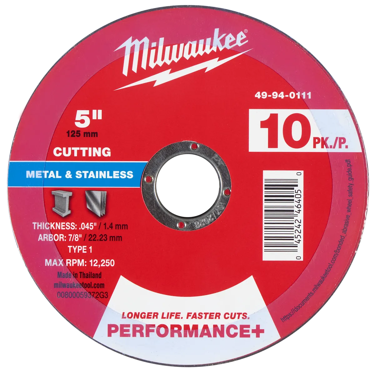 5" x .045" x 7/8" Performance+ Metal Cut Off Wheel - Type 1 - 10PC