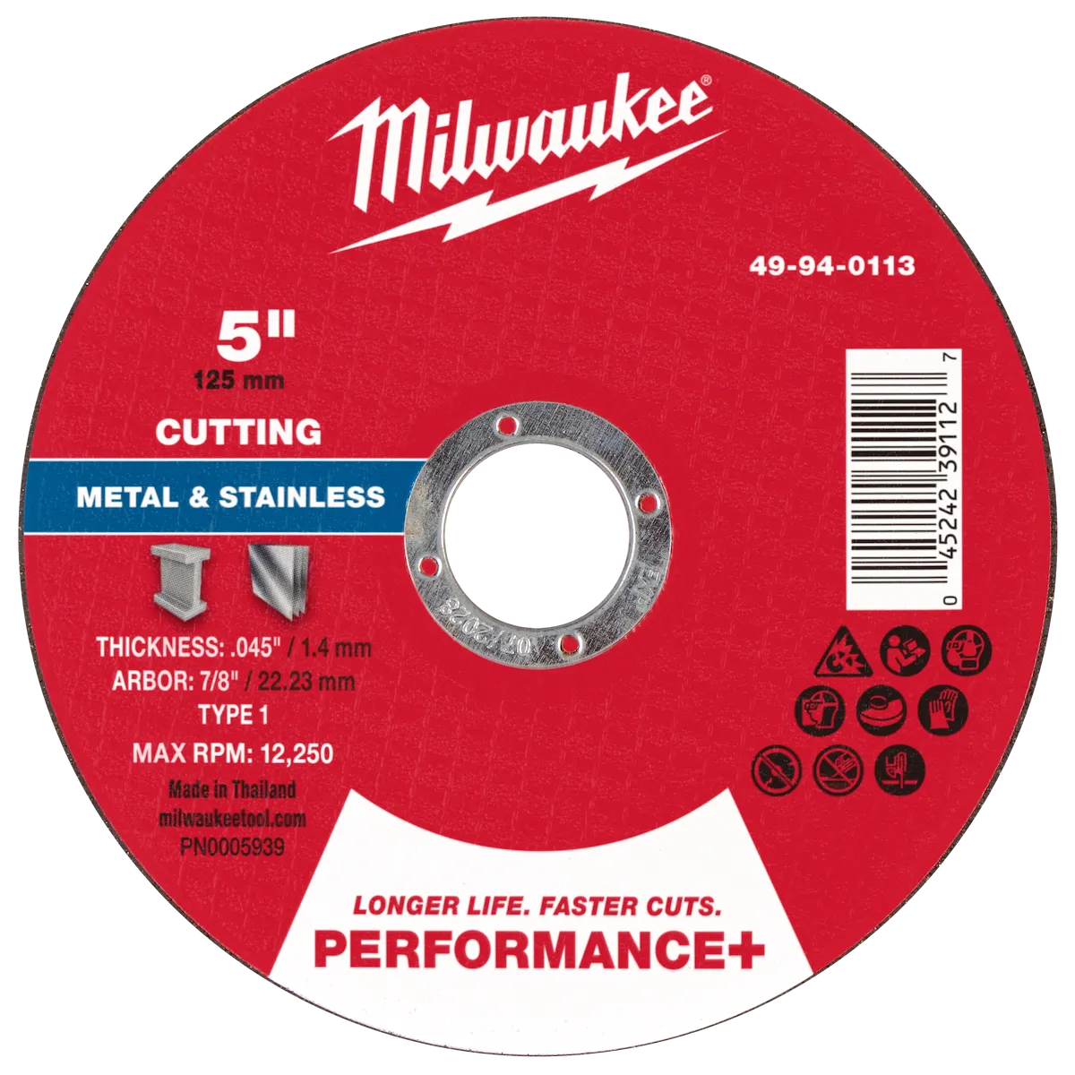 Milwaukee Tool 5" x .045" x 7/8" Performance+ Metal Cut Off Wheel - Type 1 49-94-0113