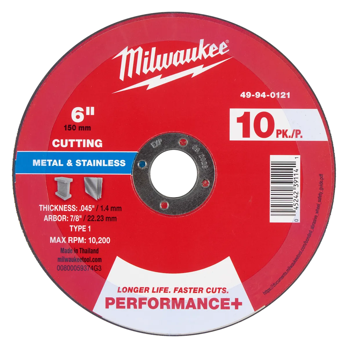 Milwaukee Tool 6" x .045" x 7/8" Performance+ Metal Cut Off Wheel - Type 1 49-94-0121