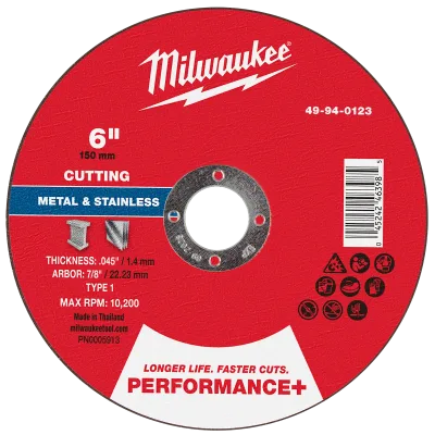 Milwaukee Tool 6" x .045" x 7/8" Performance+ Metal Cut Off Wheel - Type 1 49-94-0123