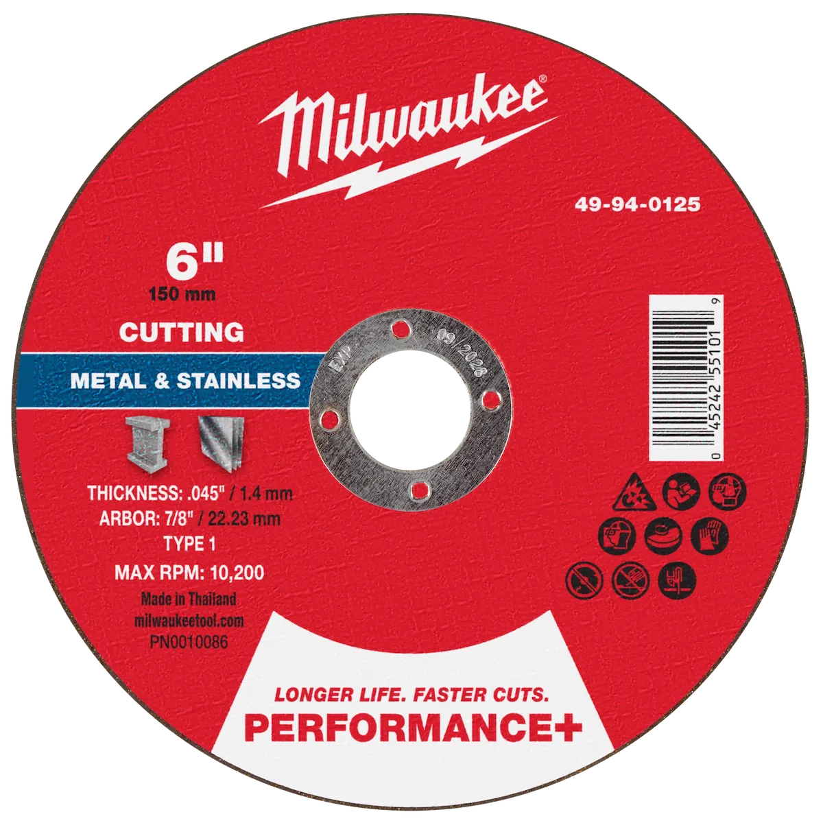 Milwaukee Tool 6" x .045" x 7/8" Performance+ Metal Cut Off Wheel - Type 1 49-94-0125