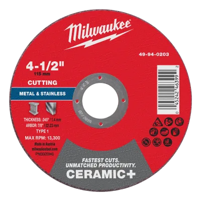 4-1/2" x .045" x 7/8" Ceramic+ Metal Cut Off Wheel -Type 1