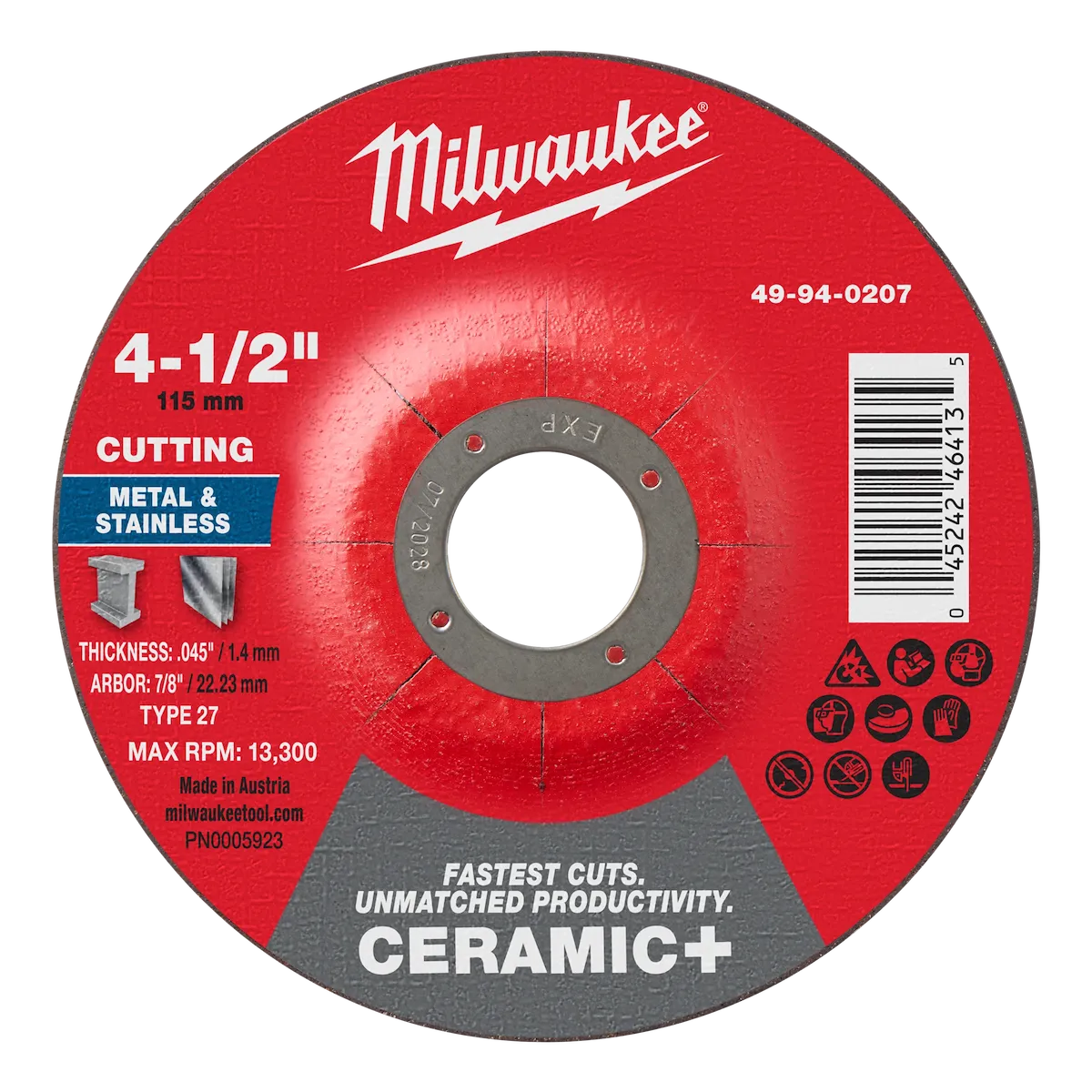 4-1/2" x .045" x 7/8" Ceramic+ Metal Cut Off Wheel -Type 27