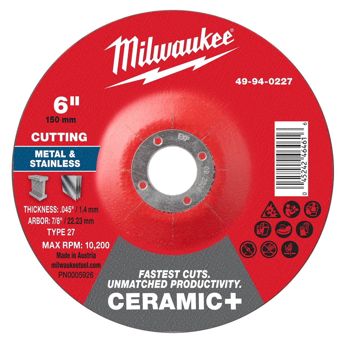 6" x .045" x 7/8" Ceramic+ Metal Cut Off Wheel -Type 27