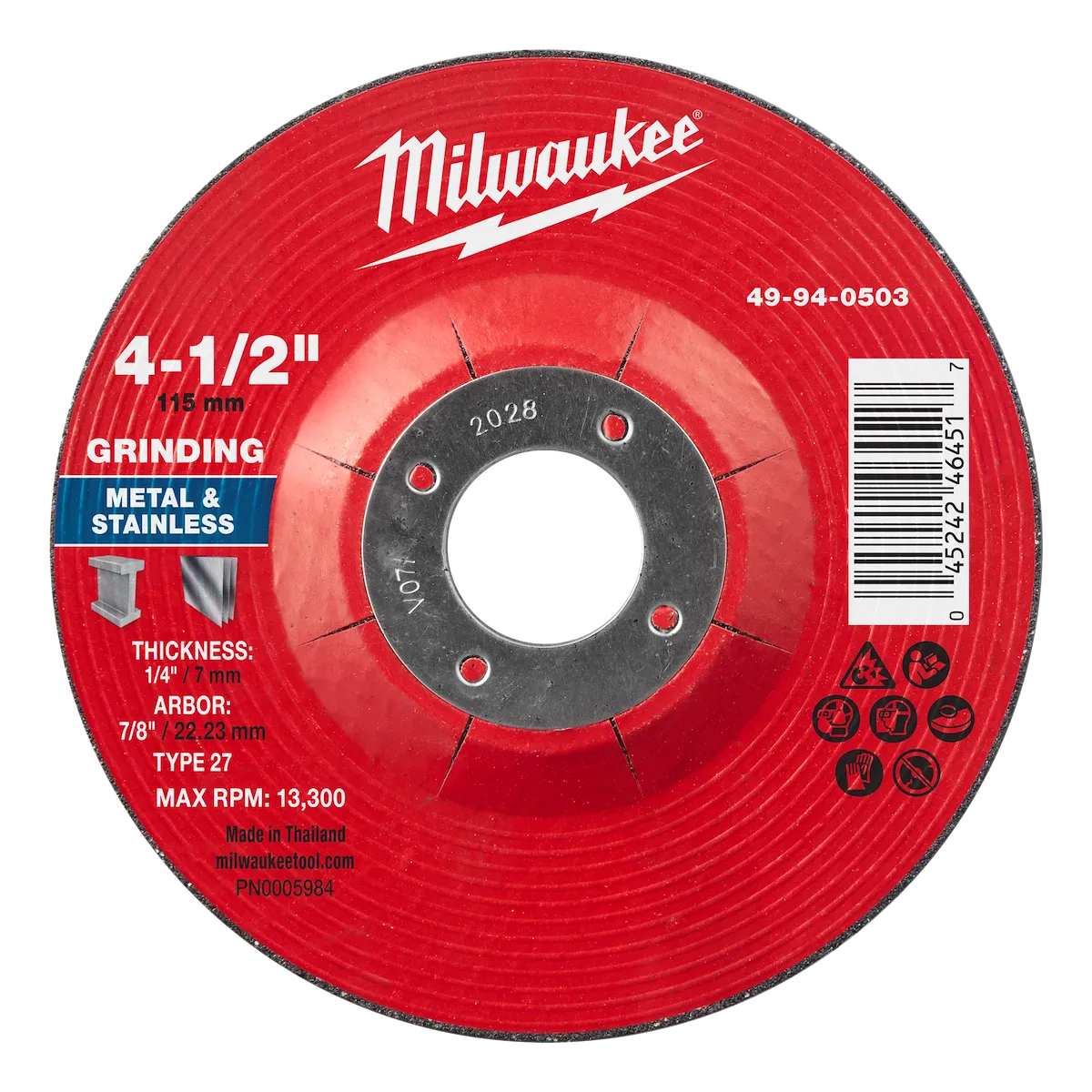 Milwaukee Tool 4-1/2" x 1/4" x 7/8" Metal Grinding Wheel - Type 27 49-94-0503