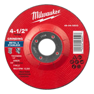 Milwaukee Tool 4-1/2" x 1/4" x 7/8" Metal Grinding Wheel - Type 27 49-94-0503