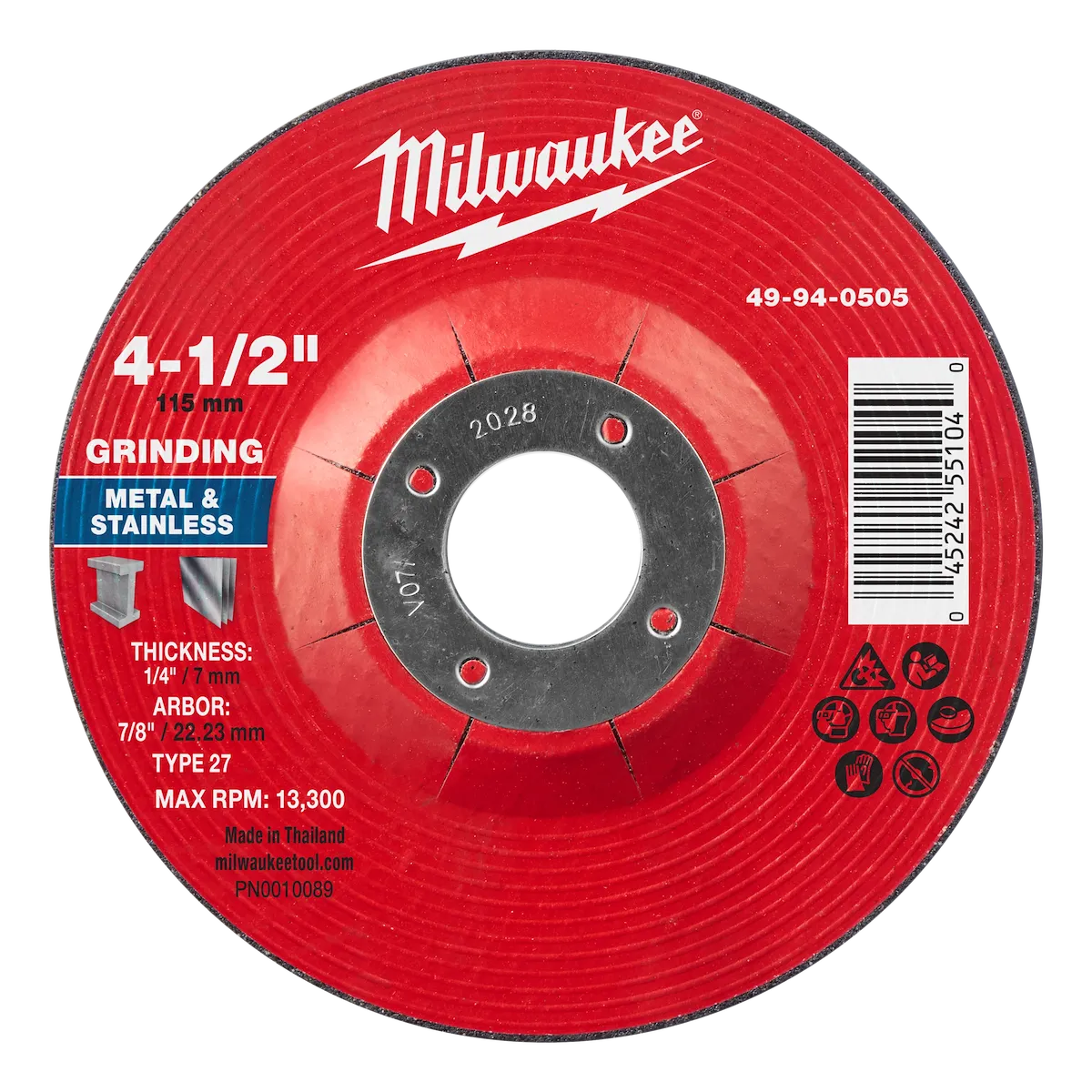 Milwaukee Tool 4-1/2" x 1/4" x 7/8" Metal Grinding Wheel - Type 27 49-94-0505