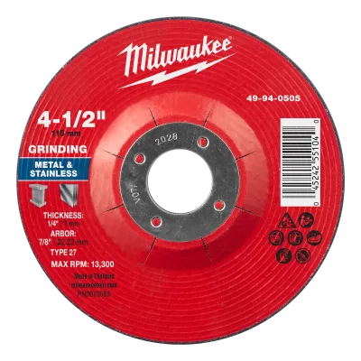 Milwaukee Tool 4-1/2" x 1/4" x 7/8" Metal Grinding Wheel - Type 27 49-94-0505
