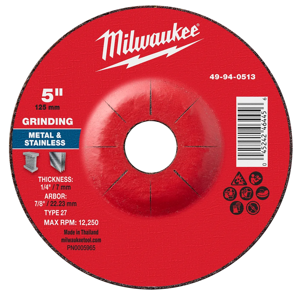 5" x 1/4" x 7/8" Metal Grinding Wheel - Type 27