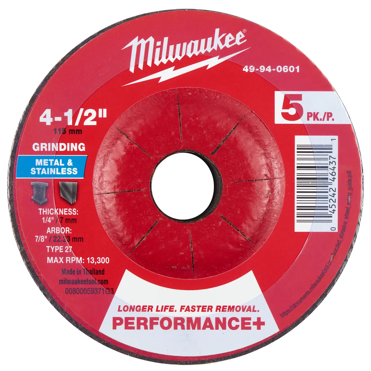 4-1/2" x 1/4" x 7/8" Performance+ Metal Grinding Wheel - Type 27 - 5PC