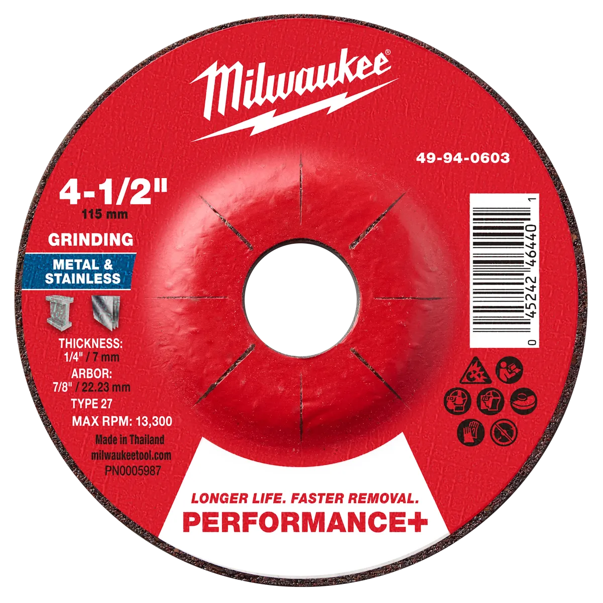 Milwaukee Tool 4-1/2" x 1/4" x 7/8" Performance+ Metal Grinding Wheel - Type 27 49-94-0603