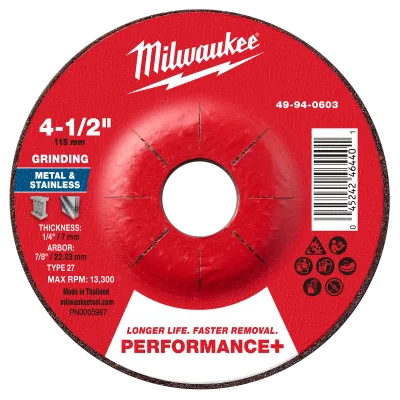 Milwaukee Tool 4-1/2" x 1/4" x 7/8" Performance+ Metal Grinding Wheel - Type 27 49-94-0603