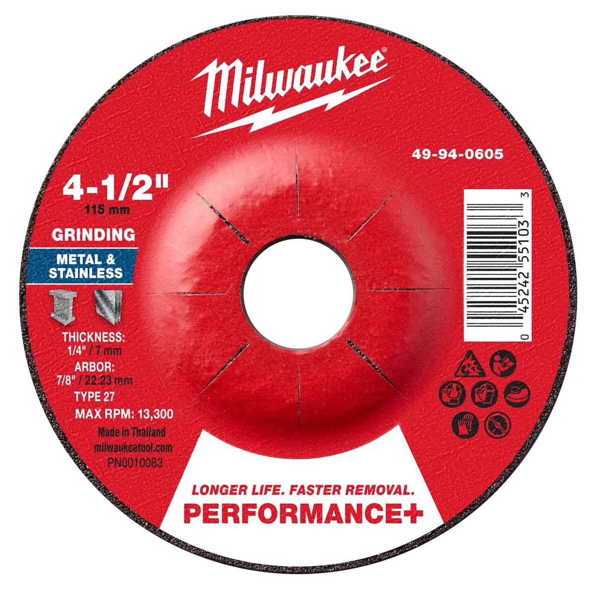 Milwaukee Tool 4-1/2" x 1/4" x 7/8" Performance+ Metal Grinding Wheel - Type 27 49-94-0605