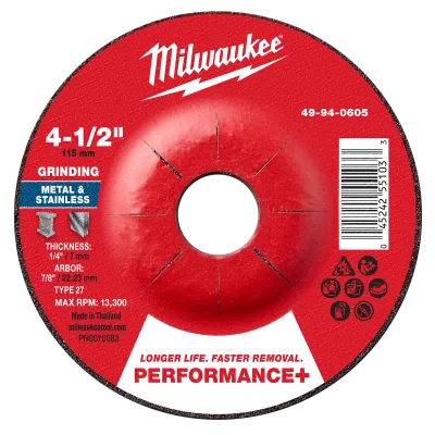 Milwaukee Tool 4-1/2" x 1/4" x 7/8" Performance+ Metal Grinding Wheel - Type 27 49-94-0605