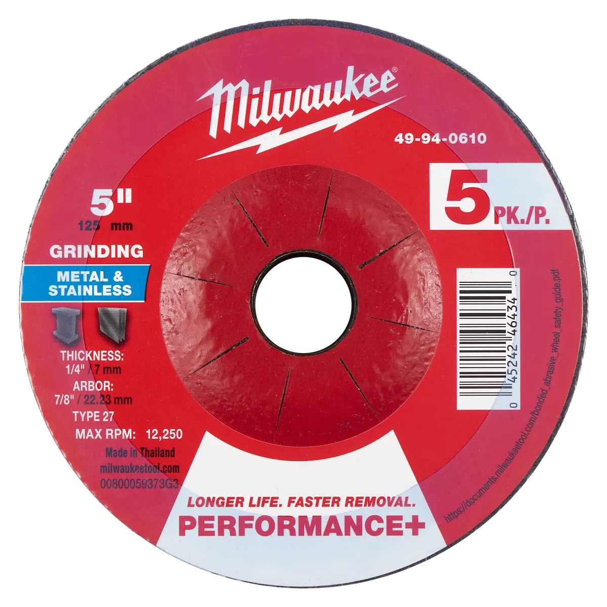 5" x 1/4" x 7/8" Performance+ Metal Grinding Wheel - Type 27 - 5PC